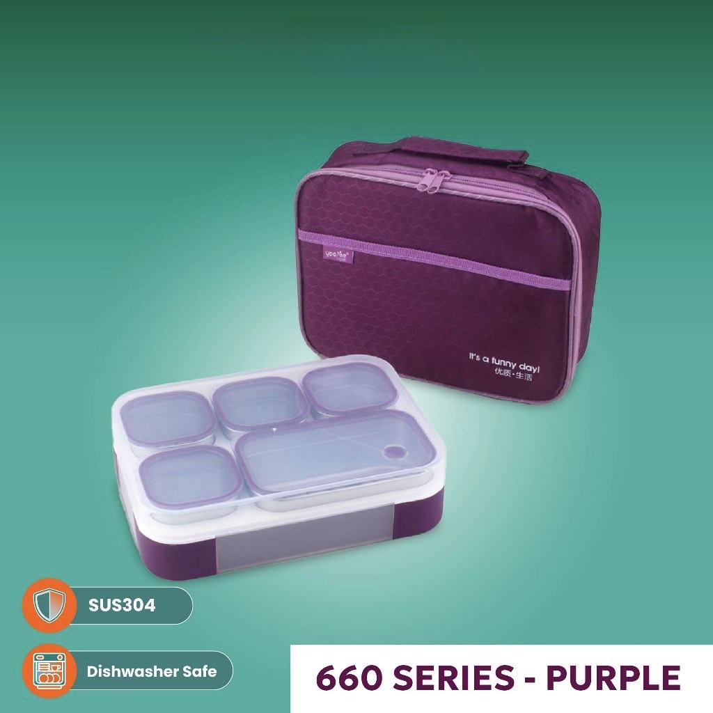 Stainless Steel 5-Compartment Lunch Box + Free Bag