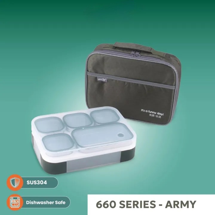 Stainless Steel 5-Compartment Lunch Box + Free Bag